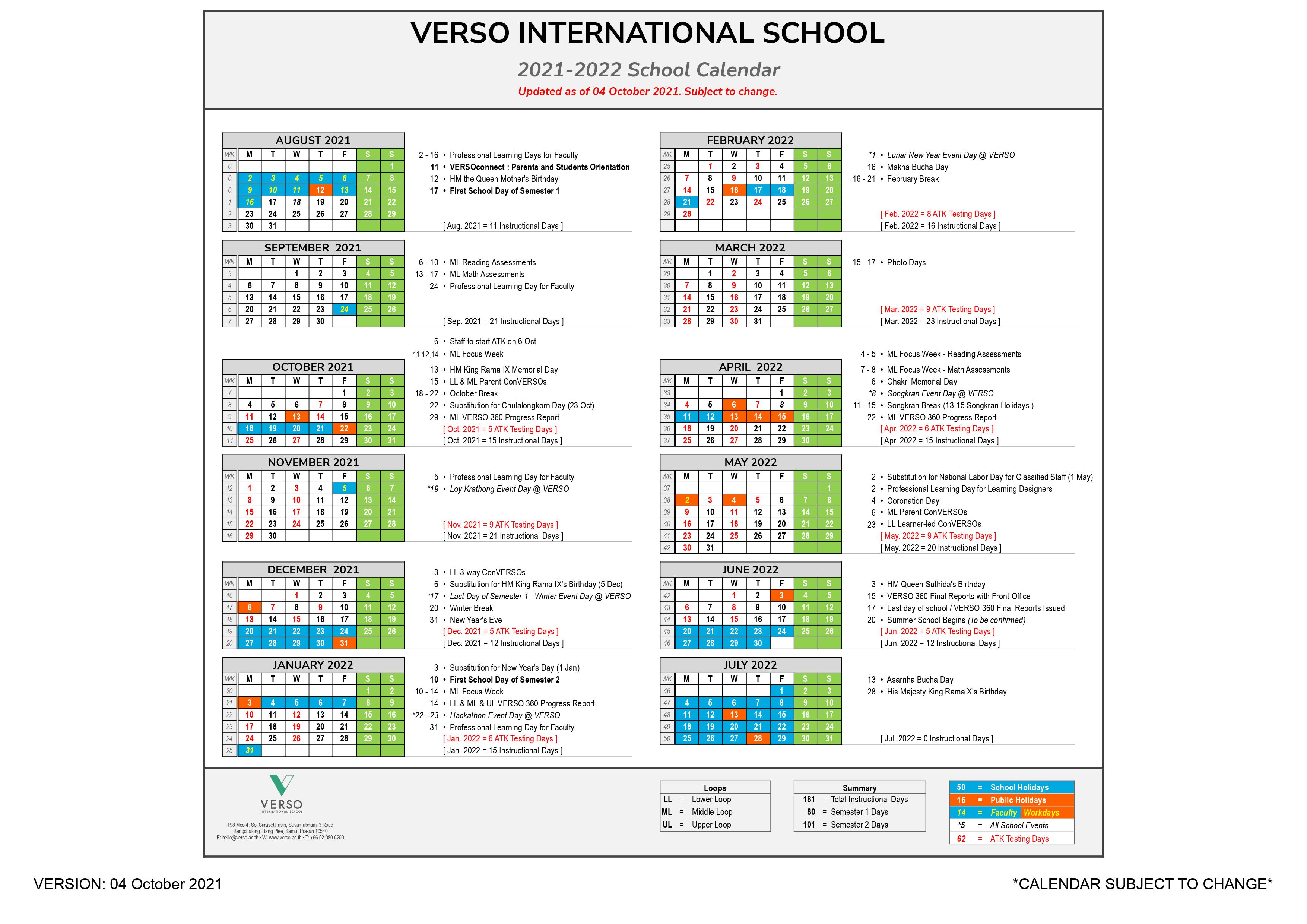 VERSO 2021-22 School Calendar
